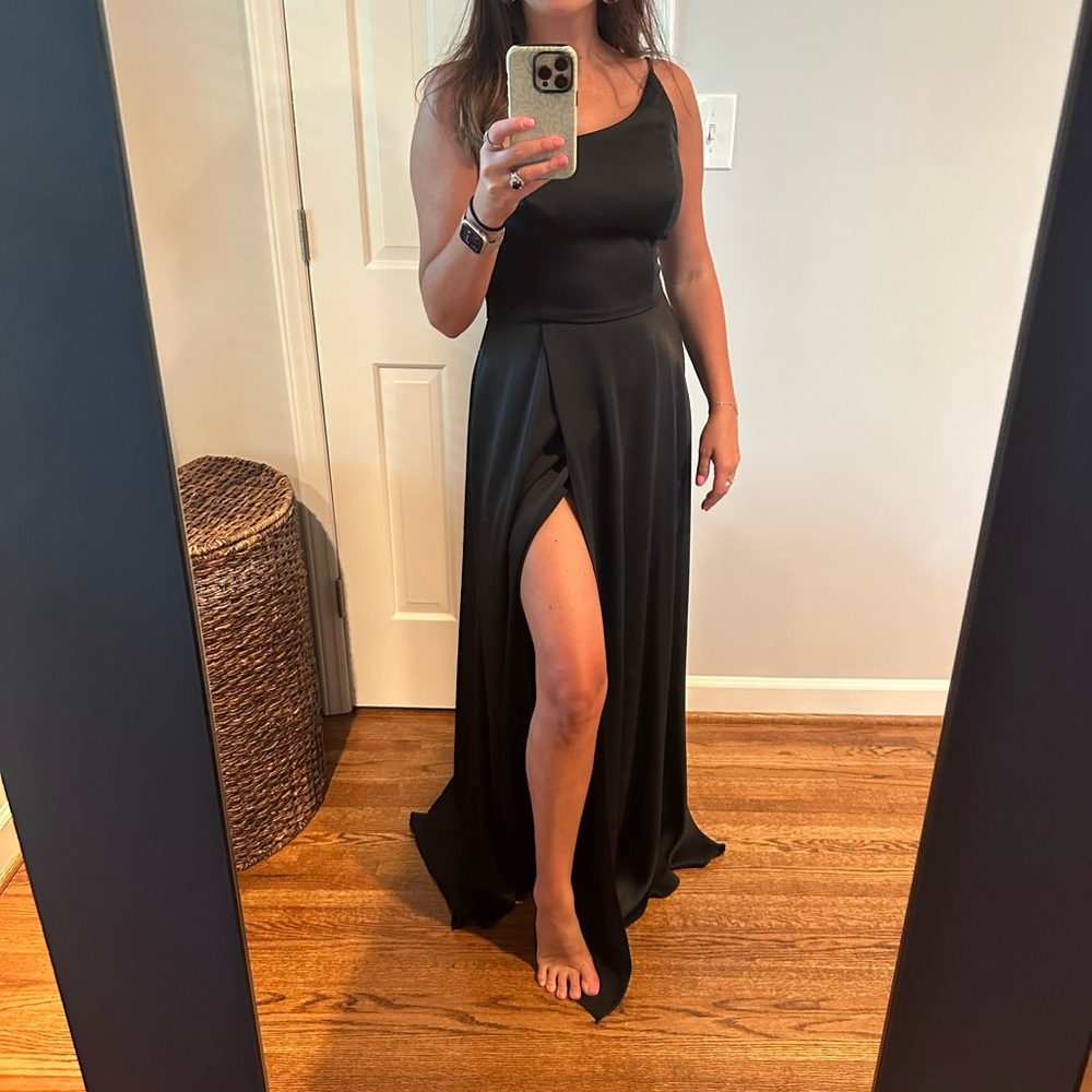 David's Bridal Black One Shoulder Gown